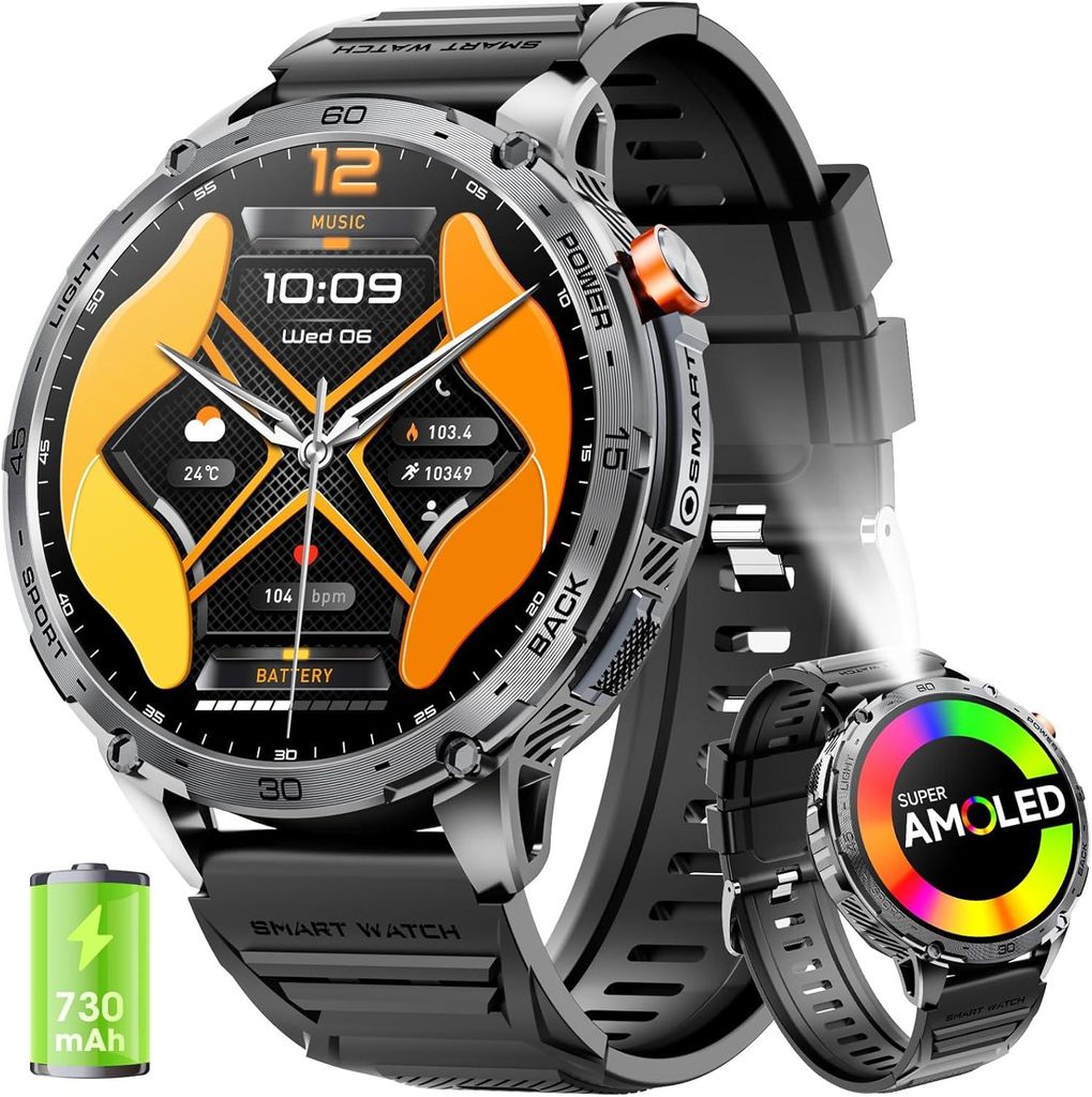 Military Smartwatch für Herren 1.75" AMOLED HD, 730mAh Akku, LED Taschenlampe, Bluetooth Anruf, Fitness Uhr mit 110+ Sportmodi