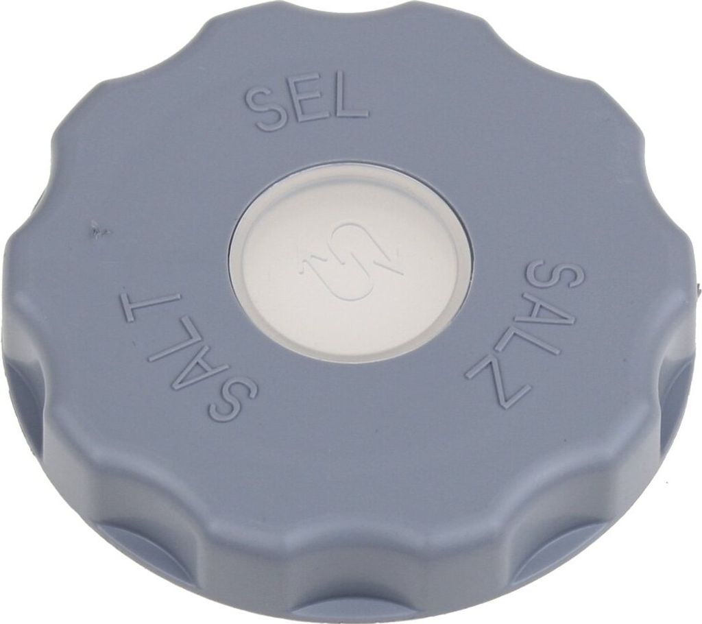 A close-up, top-down view of a gray plastic cap with white text and a white circular insert.