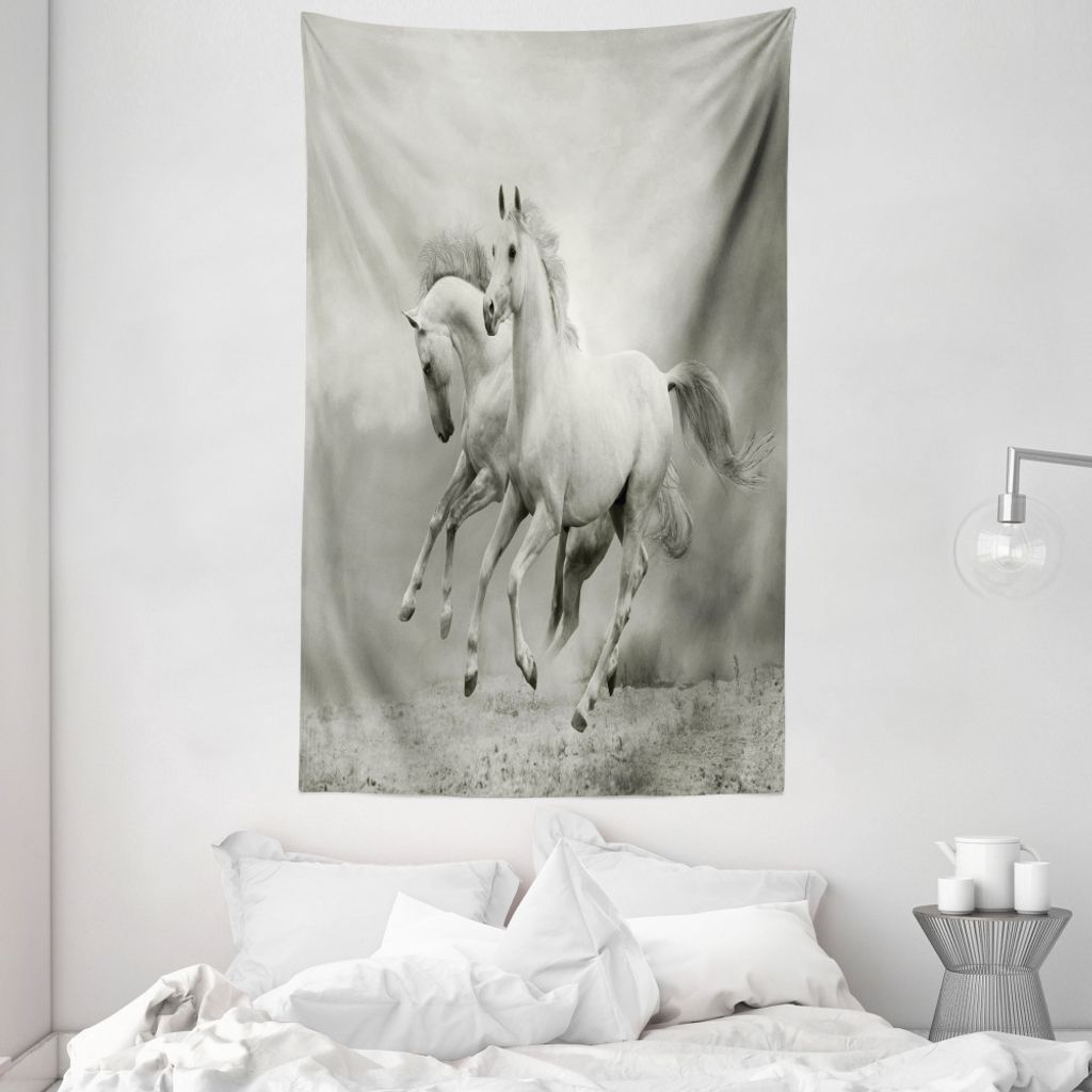 ABAKUHAUS Schwarz-Weiss Wandteppich und Tagesdecke, Pferd Freedom Theme aus Weiches Mikrofaser Stoff Waschbar ohne Verblassen Digitaldruck, 140 x 2...