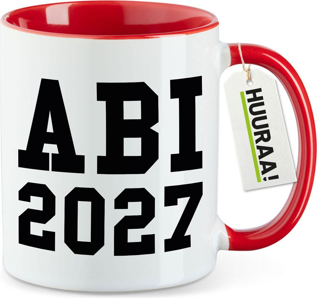 Huuraa Kaffeetasse ABI 2027 Abitur 330ml Rot Keramik Kaffeebecher Geschenkidee