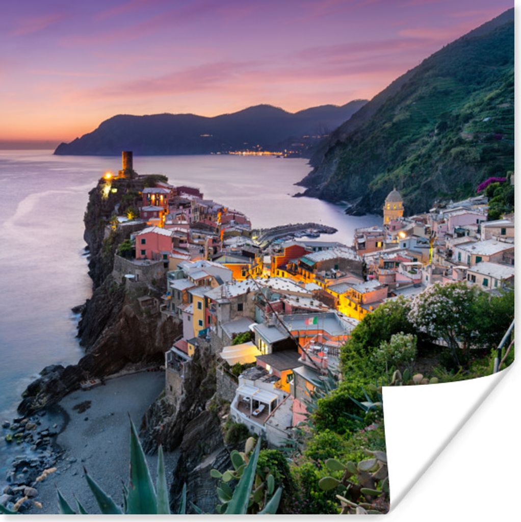 MuchoWow Poster Blick auf beleuchtete Häuser und das Meer in Cinque Terre 75x75 cm - Wand Dekoration