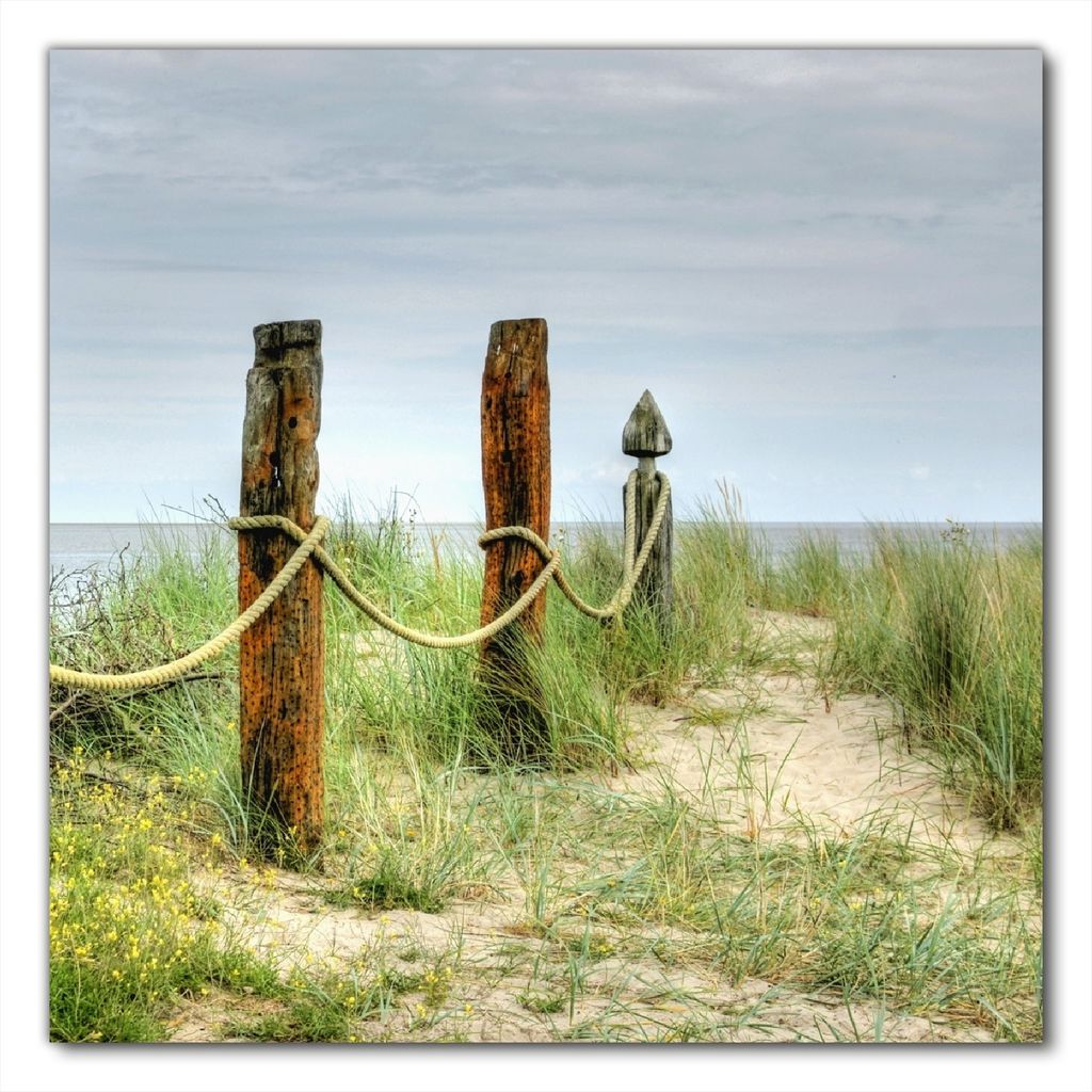 Wallario selbstklebende Möbelfolie/ Tischdecke für Innen und Außen, Größe: 80 x 80 cm - Düne am Strand mit Holzpfahl