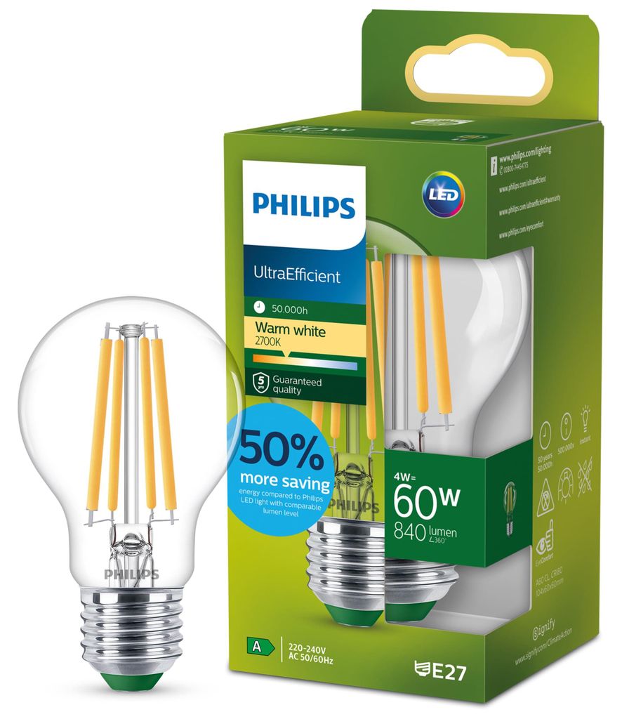 Philips Filament-Lampe, transparent, 60 W A60 E27, 4 W, 60 Produktbild 