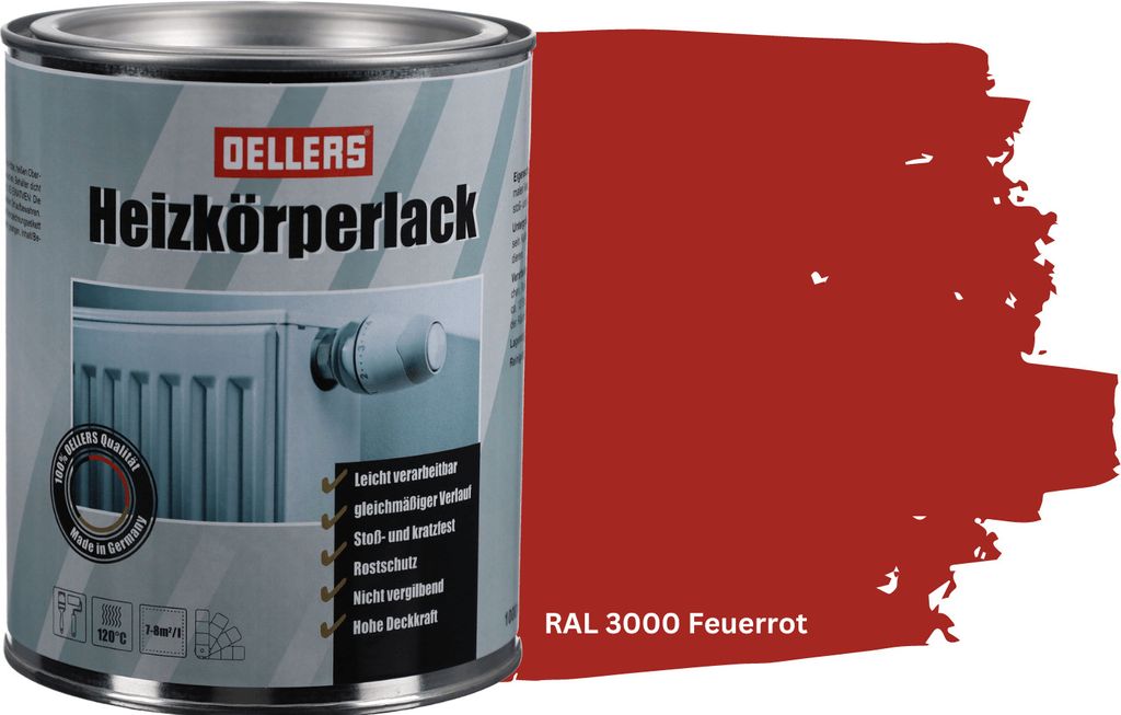 OELLERS Heizkörperlack bewährt 1L – RAL 3000 Feuerrot | Heizkörperfarbe & Heizungsfarbe | Hochdeckender Heizungslack | Hitzebeständig & langl...