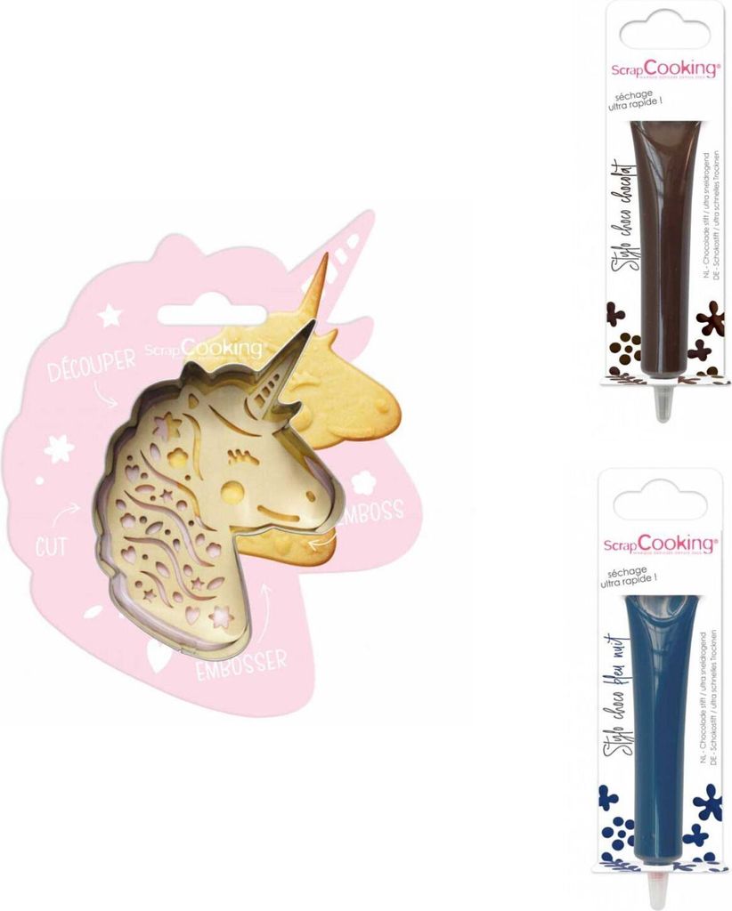 Einhorn-Relief-Keks-Set + 2 Schokoladenstifte in Braun und Produktbild 