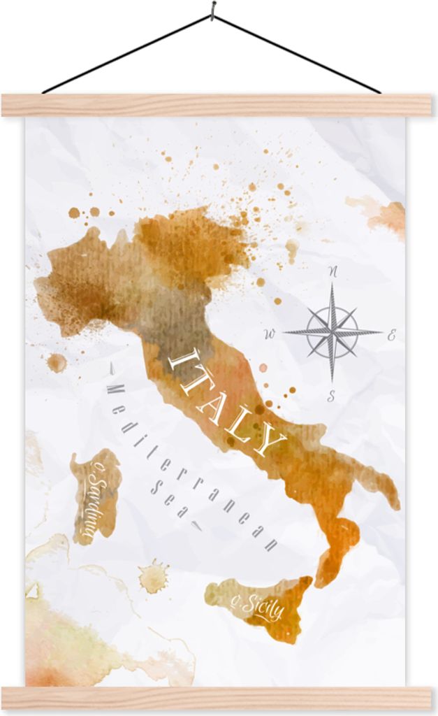 MuchoWow Textilposter Weltkarte - Farbe - Italien 120x180 cm mit holzfarbenen Rahmen - Textil-Plakat
