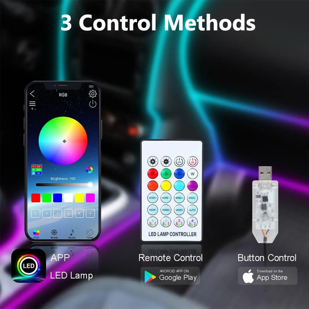 Kit Illuminazione Interna Auto LED RGB USB 5V - 110cm Accessori - 4