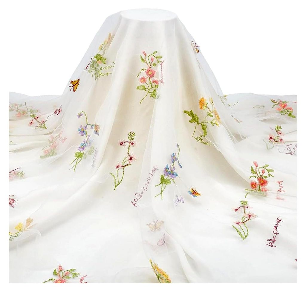 170 cm Weißer Tüllstoff mit Blumenstickerei im Vintage-Stil, transparent, atmungsaktiv, bunte Blumen aus Polyester für Näharbeiten, Heimdekorat...