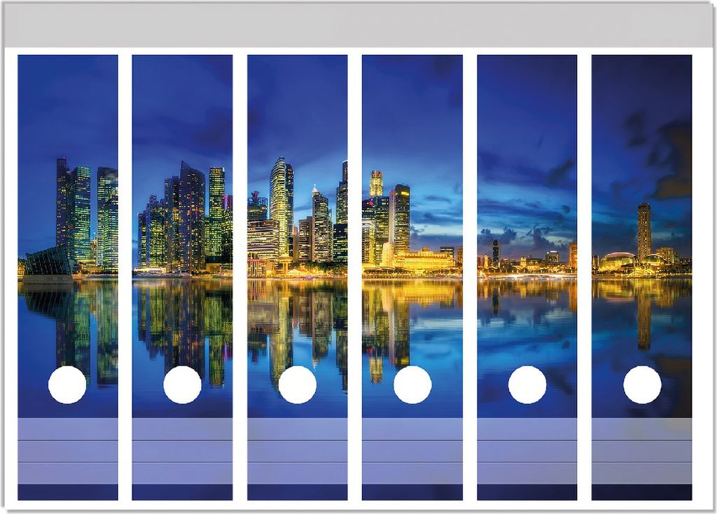 Wallario Ordnerrücken Sticker, selbstklebend für breite Ordner, 6 Stück, Motiv Skyline von Singapur in der Abenddämmerung
