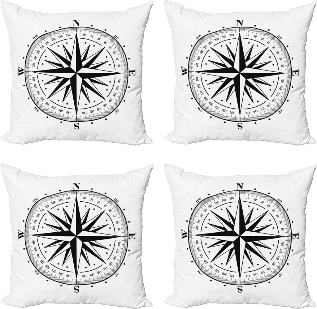 ABAKUHAUS Kompass Kissenbezug Set (4 Stück), Einfache Monochrome Windrose, Moderner Doppelseitiger Digitaldruck, 40 cm x 40 cm, Schwarz und weiß