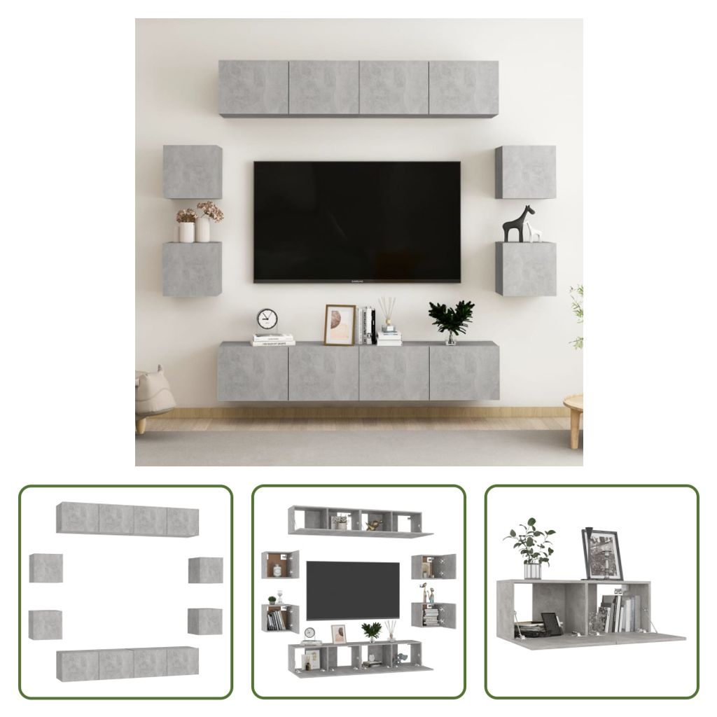 The Living Store 8-tlg. TV-Schrank-Set Betongrau Holzwerkstoff