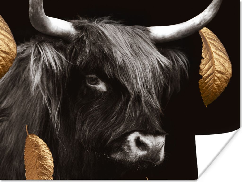 MuchoWow Poster Schottischer Highlander - Blätter - Schwarz & Gold 120x90 cm - Wandbild