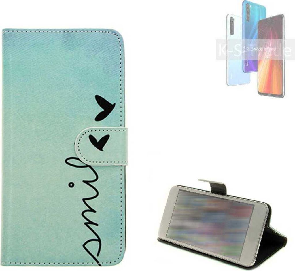 K-S-Trade Schutz Hülle Handy Hülle kompatibel mit Xiaomi Redmi Note 8 2021 Hülle Handyhülle cover bookstyle Etui Handyhülle ''smile'' türkis