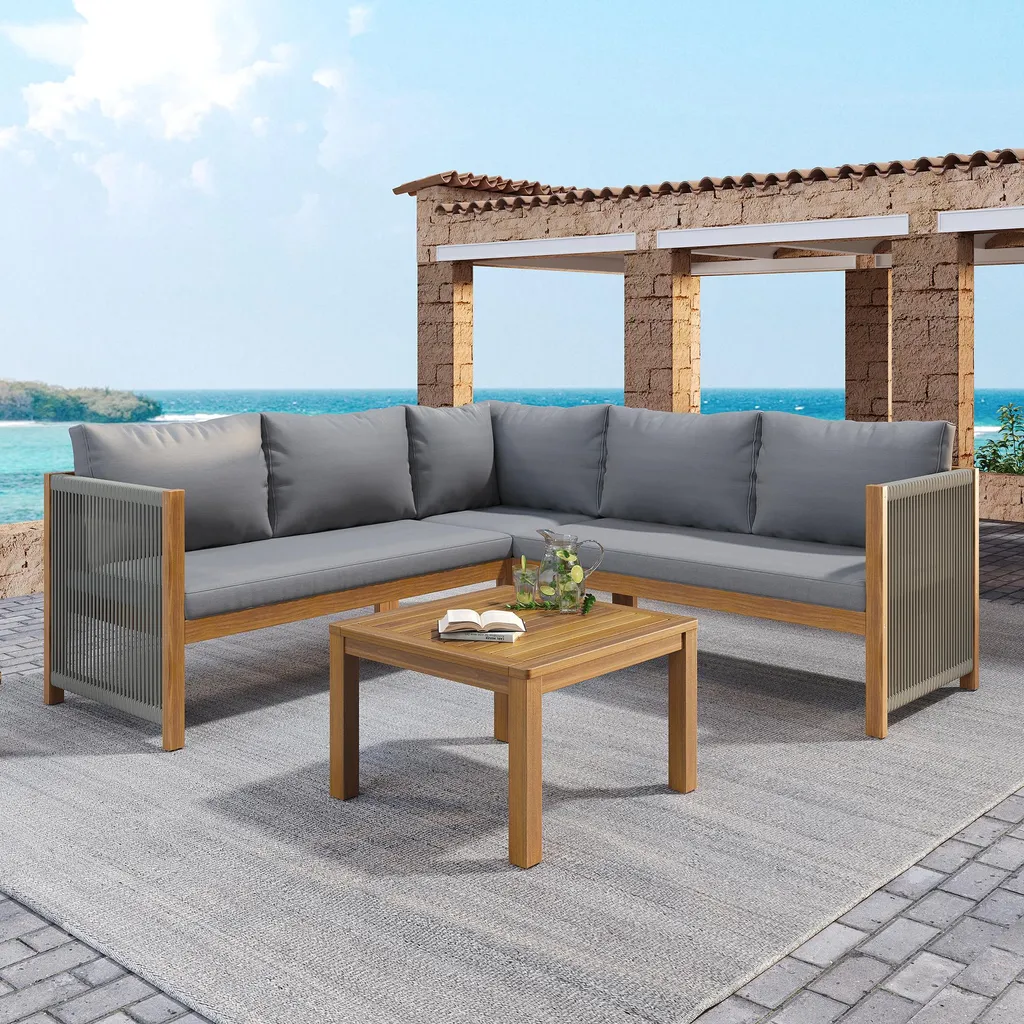 Salon de jardin d'angle en acacia et corde tressée grise avec table