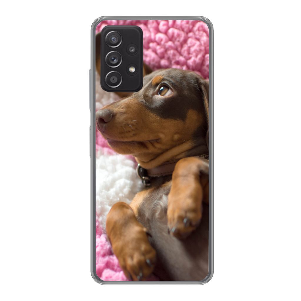 MuchoWow Handyhülle Schutzhülle Hülle für Samsung galaxy a73 Ein Dackelwelpe auf einer rosa Decke Silikon Softcase Handy Hülle - Handyhülle