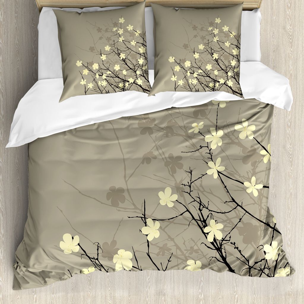 ABAKUHAUS japanisch Bettbezug, Retro Floral, Milbensicher Allergiker geeignet mit Kissenbezügen, 155 cm x 220 cm - 80 x 80 cm, beige Braun