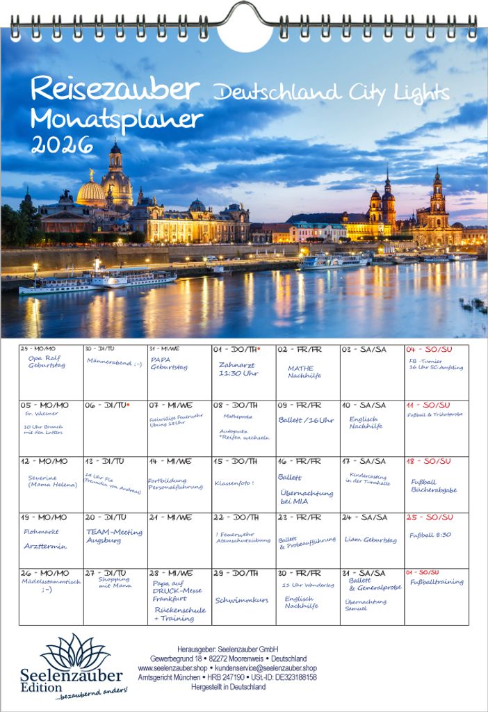 Reisezauber Deutschland City Lights Planer DIN A4 Kalender für 2026 Nächtliche Städte Deutschland - Seelenzauber