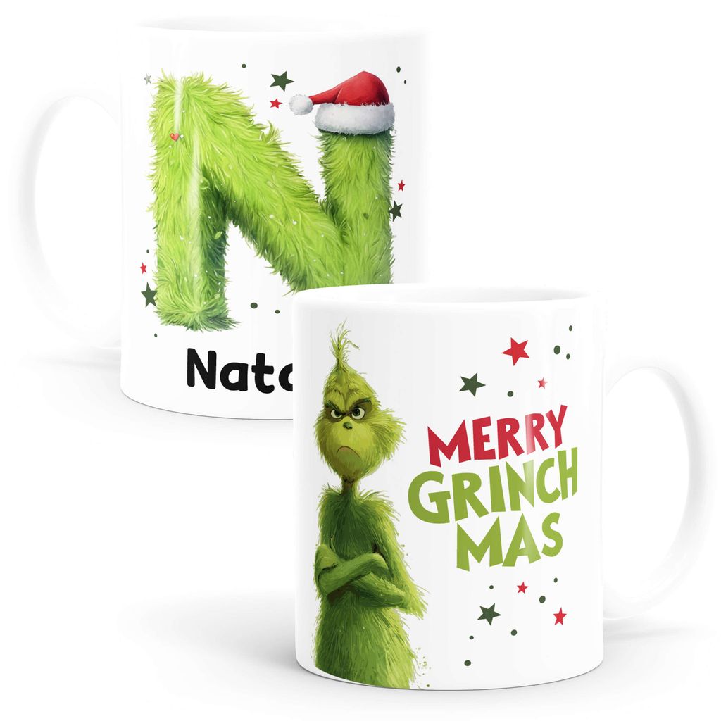 Tasse Weihnachten Grinch Monogramm Wunschname Spruch Merry Grinchmas Tasse personalisierte Geschenke Weihnachtsmuffel SpecialMe