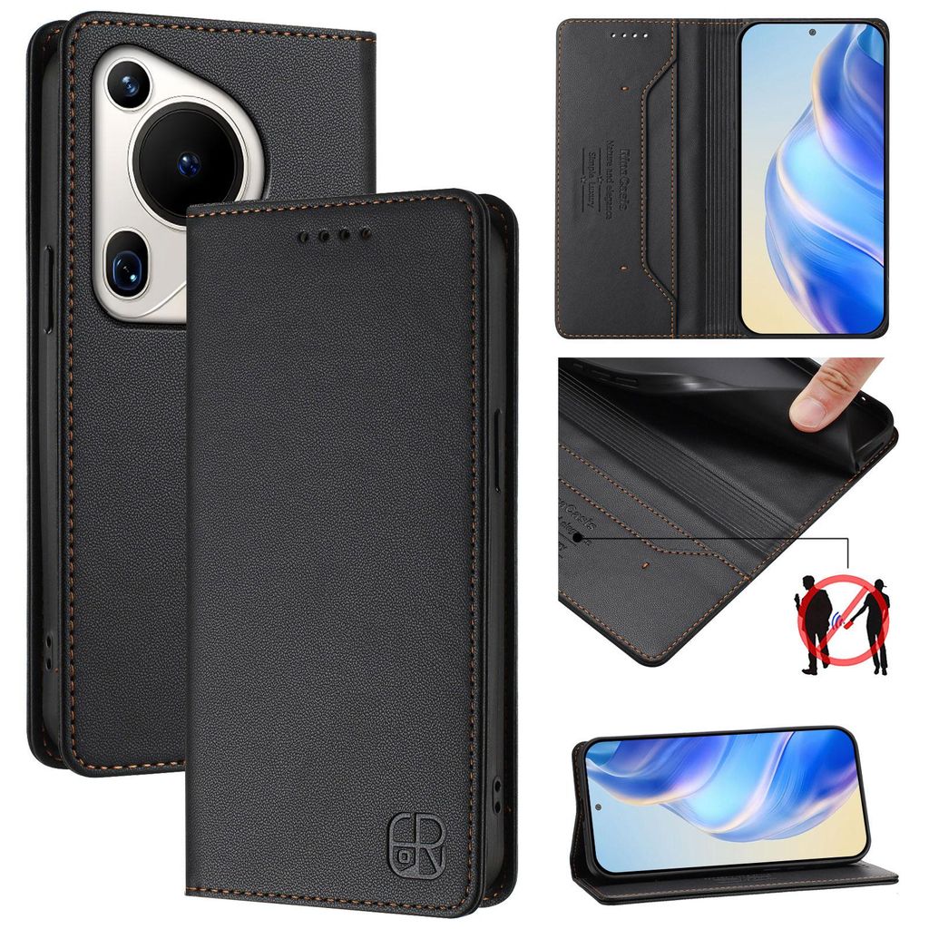Lederhülle für Huawei Pura 70 Ultra Hülle Flip Brieftasche Kartenfächern Ständer Schutzhülle Schwarz
