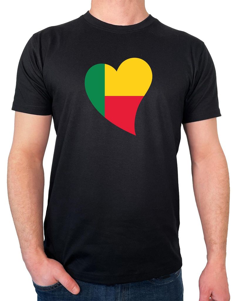 Huuraa Herren T-Shirt Benin Flagge Herz XXL Black Bio Baumwolle Fairtrade Herrenshirt Geschenkidee
