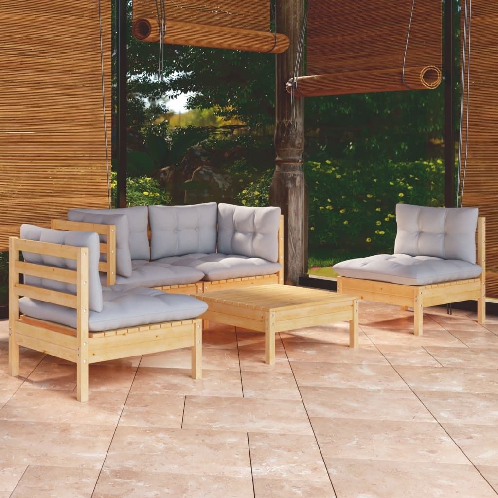 The Living Store 5-tlg. Garten-Lounge-Set mit Grauen Kissen Kiefer Massivholz