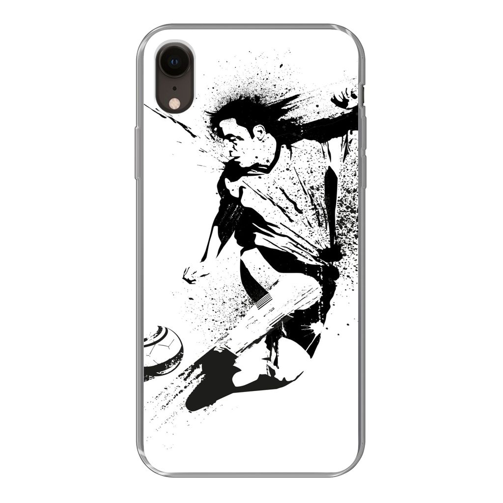MuchoWow Handyhülle Schutzhülle Hülle für iPhone XR Eine Illustration einer Person, die einen Fußball in Richtung Tor schießt - Jungen - Ju...