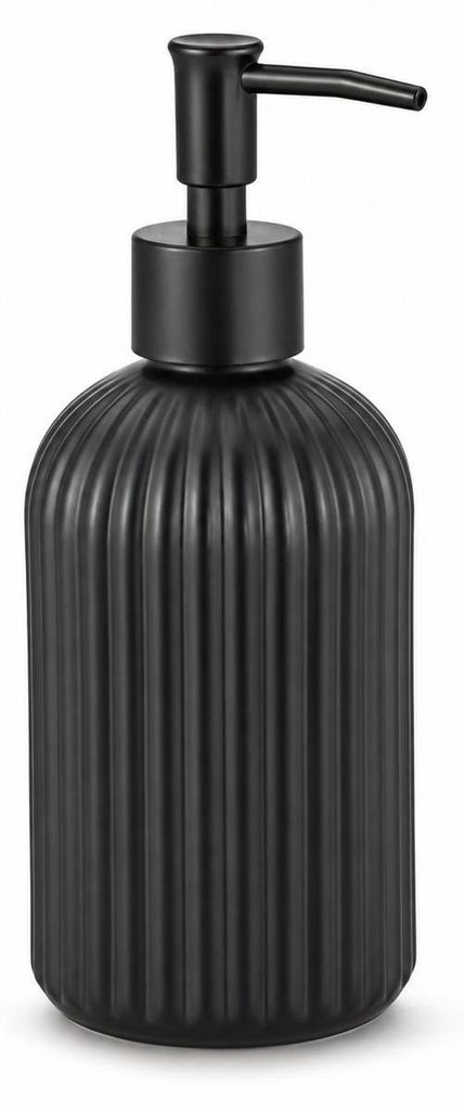 Seifenspender für Flüssigseife TOKIO aus schwarz matt lackiertem Glas mit geriffeltem Streifenmuster