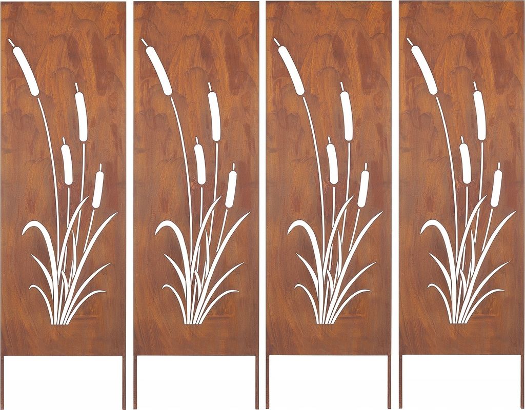 Four identical metal garden screens with a cattail design, arranged side-by-side.