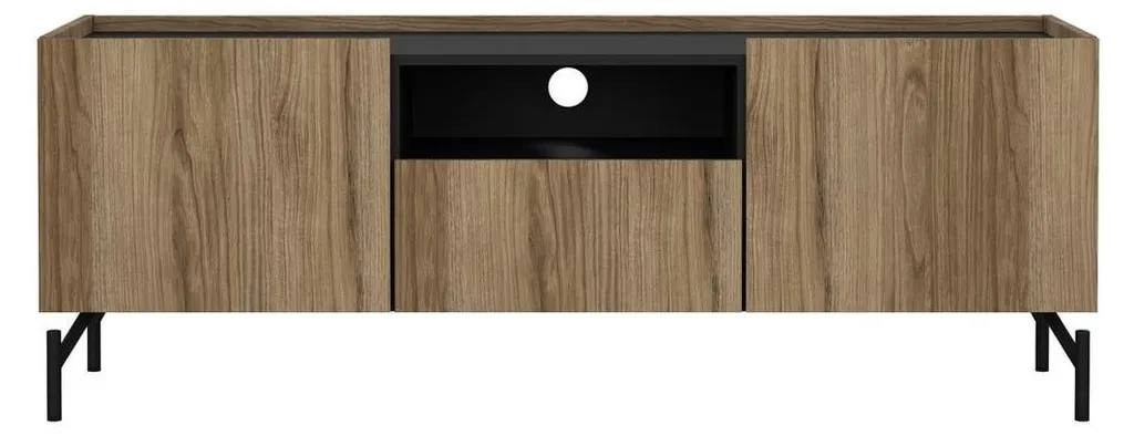 Meuble TV BILLIE 147 cm : Solution de Rangement Bois et Noir sans Désordre