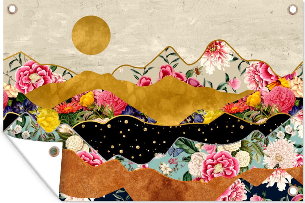 MuchoWow 120x80 cm Outdoor-Poster Gartendeko Sichtschutz Garten Poster für den Garten Gold - Blumen - Druck - Abstrakt - Landschaft - Muster