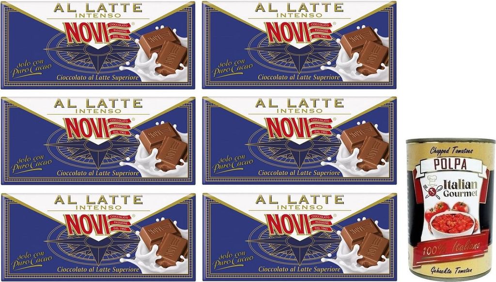 6x Novi Cioccolato al Latte Intenso,Tafel Intensive Milchschokolade,Hochwertige Milchschokolade 100g + Italian Gourmet Polpa di Pomodoro 400g Dose