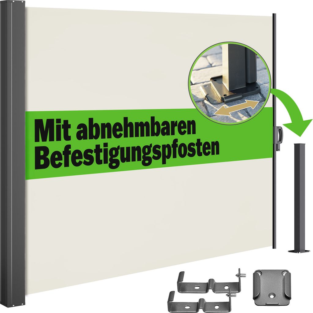 A cream-colored side awning with green text and a close-up inset showing mounting hardware.