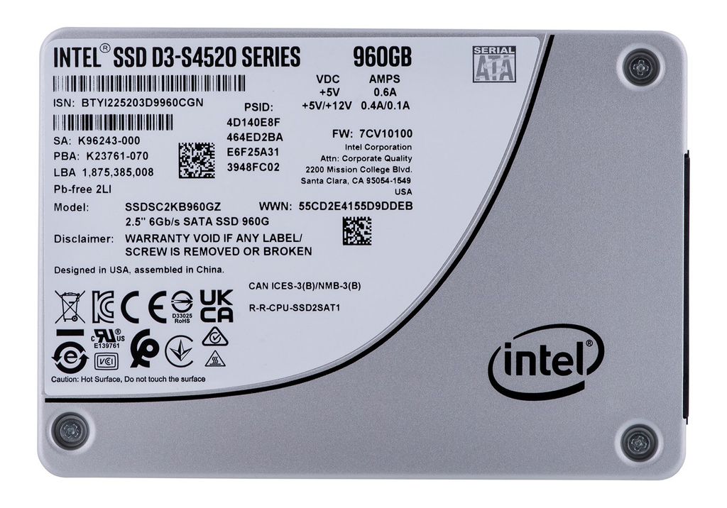 D3 SSDSC2KB960GZ01, 960 Go, 2,5", 550 Mo/s, 6 Gbit/s Image du produit 