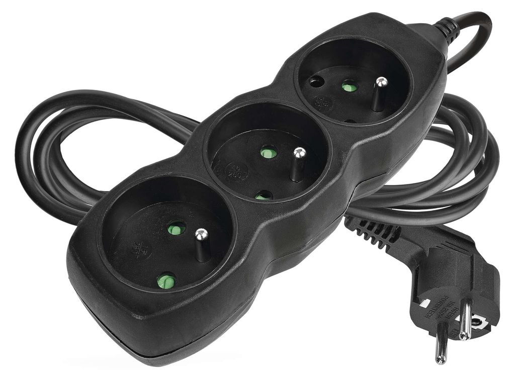 Prodlužovací kabel 2 m / 3 zásuvky / černý / PVC / 1 mm2