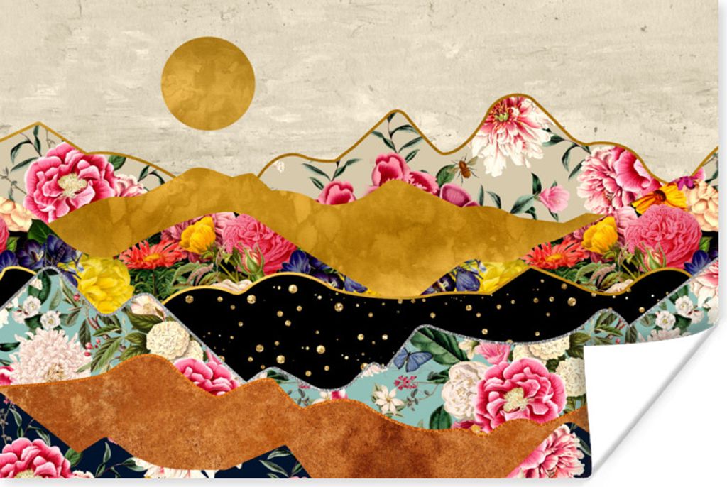 MuchoWow Poster Gold - Blumen - Druck - Abstrakt - Landschaft - Muster 90x60 cm - Schlafzimmer