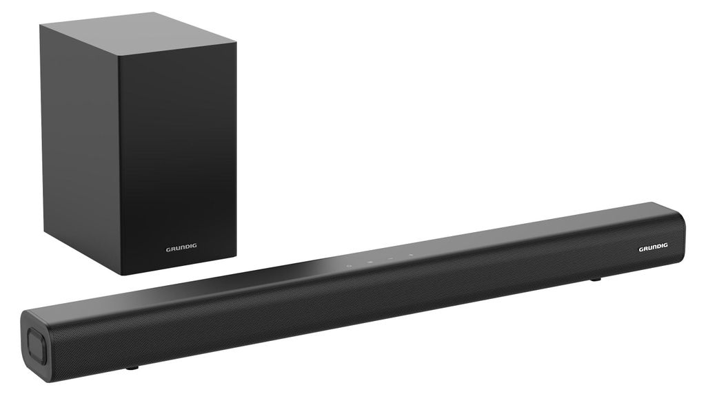 A black soundbar and subwoofer set on a white background.