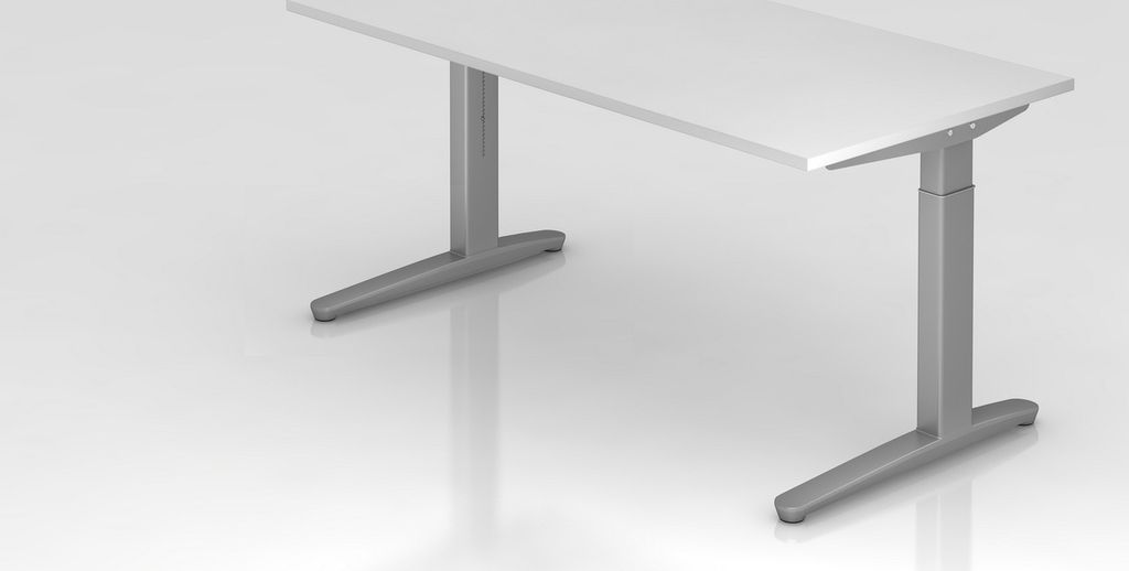 Schreibtisch Mika | Weiß | Silber Gestell | BxT 160x80cm | Arbeitshöhe 65-85cm | höhenjustierbar, 1cm Raster | C-Fuß-Gestell | Rechteckform