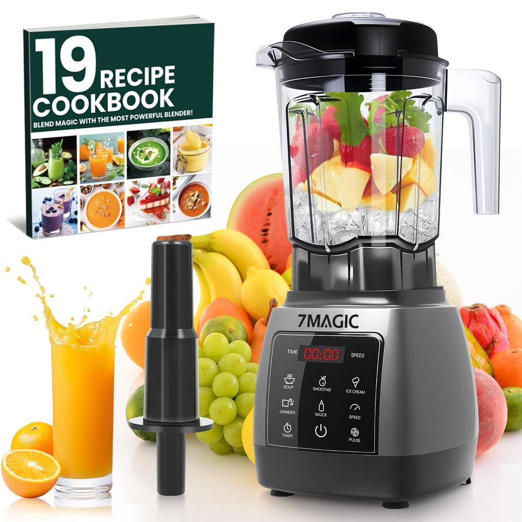 A blender, a cookbook, and a glass of orange juice are displayed with a variety of fruits in the background.