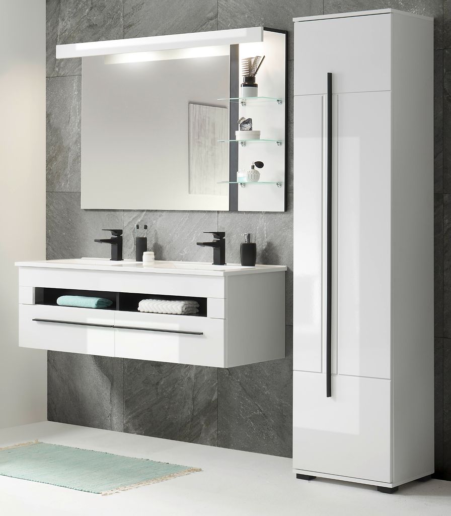 Badmöbel Set "Design-D", weiß Hochglanz Badkombination mit Doppelwaschbecken und LED