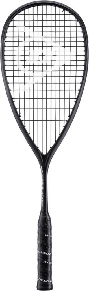 A black squash racket is shown against a white background.