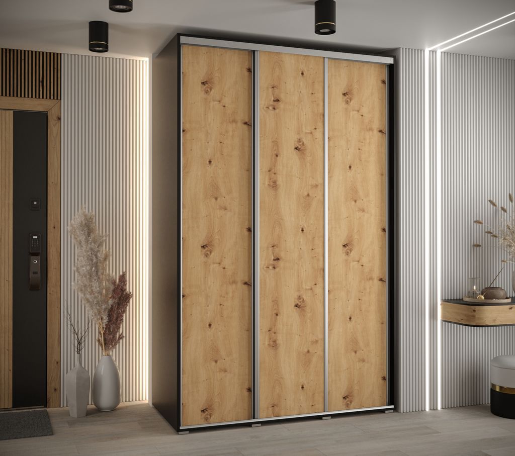 Kleiderschrank YVONA 1 – 160/60 cm, schwarz/Eiche handwerklich/silber