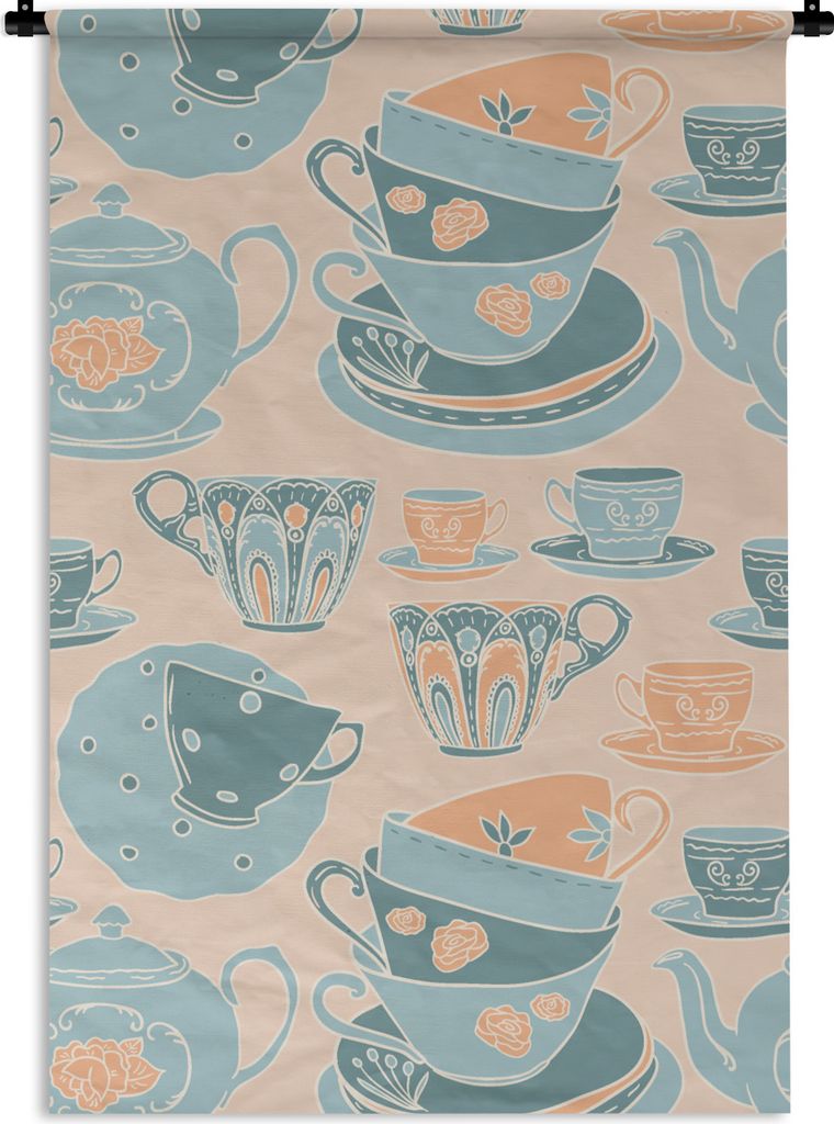 MuchoWow Wandteppich Wandbehang Muster - Vintage - Tasse - Tee 60x90 cm Tapisserie Dekoration Wandtuch - Foto-Teppich - Abwaschbar