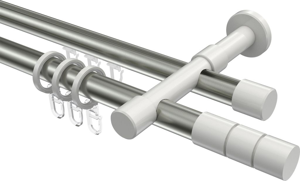 Interdeco Rundrohr-Innenlaufstange / Gardinenstange (Kombination) Edelstahl-Optik / Weiß, Typ Prestige Elanto (Rillenzylinder), 20 mm Ø 2-läufig...