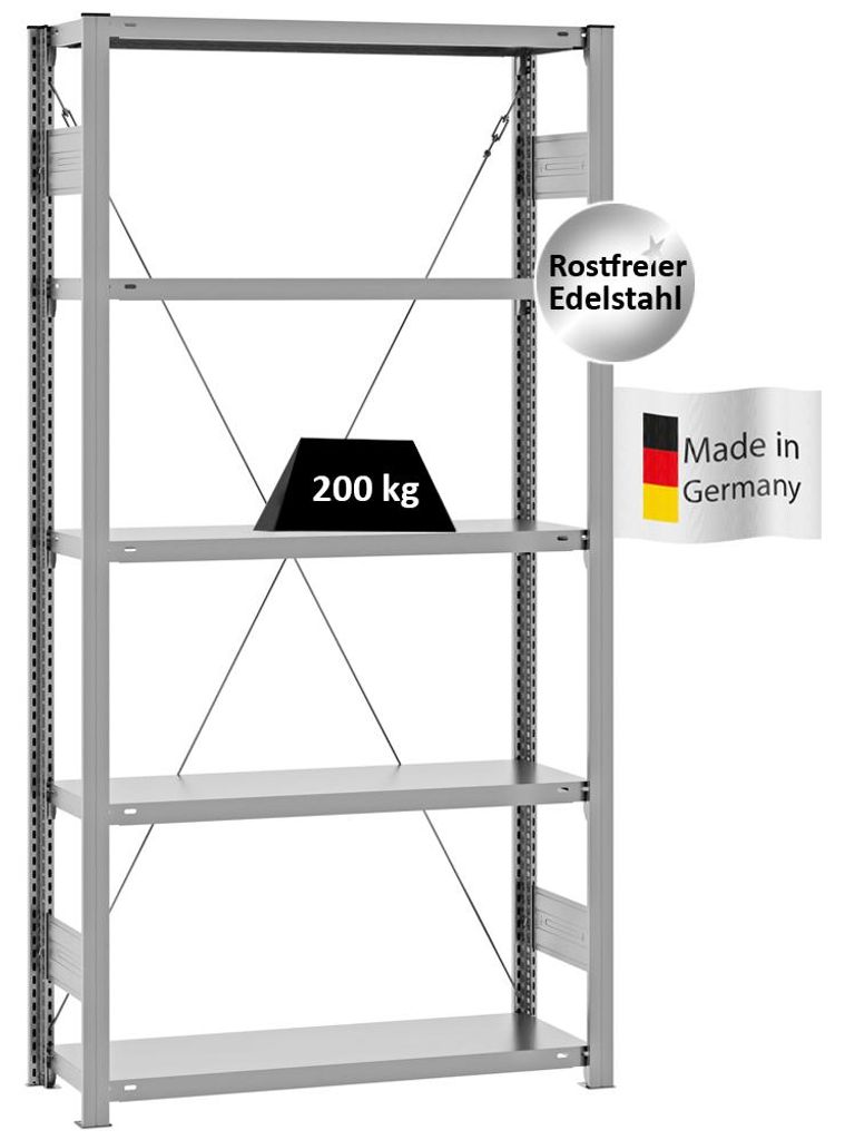 PROREGAL Edelstahl Fachbodenregal Stecksystem MAGNUS Germany | HxBxT 200x100x30cm | 5 Ebenen | Fachlast 200kg | Edelstahl