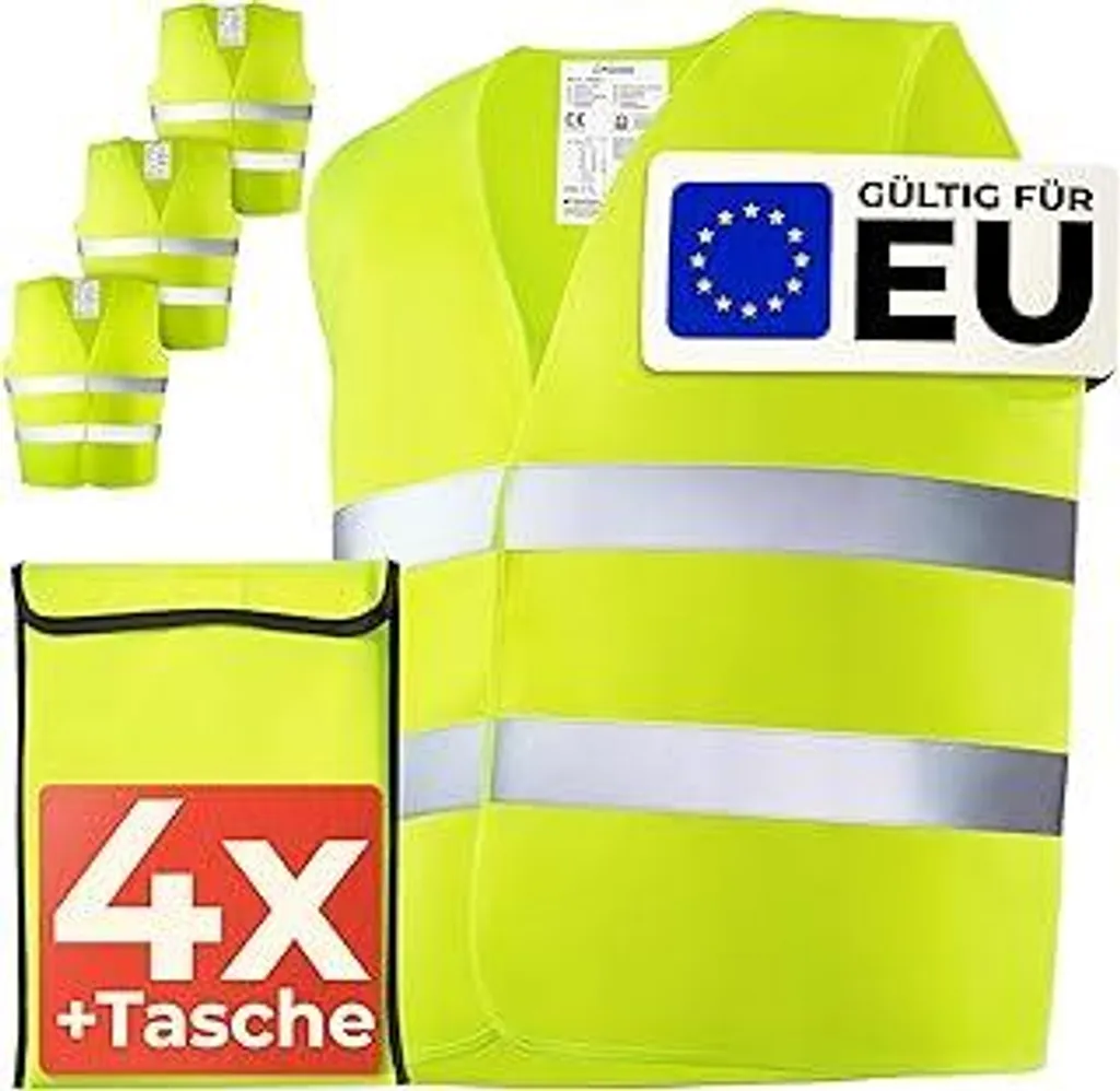 Set di 4 giubbotti di sicurezza con borsa – Valido in tutta Europa secondo la norma EN ISO 20471 - Giubbotto di sicurezza altamente riflettente – Giubbotto di sicurezza giallo Giubbotto di sicurezza - Accessori per auto per interni - Giubbotto di sicurezza