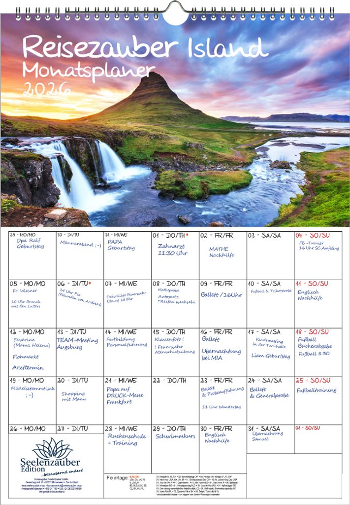 Reisezauber Island Planer DIN A3 Kalender für 2026 Reykjavík Stadt Reise Land Urlaub- Seelenzauber