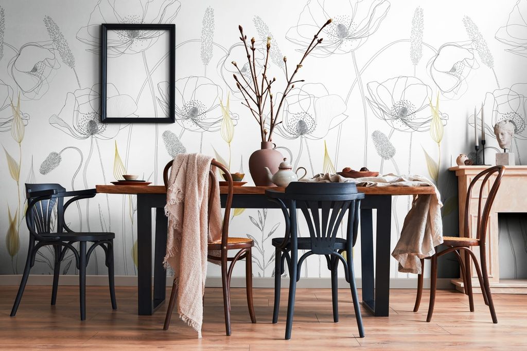 NEWROOM Tapete Weiß Vliestapete Blumen - Wandbild Modern Schwarz Gelb Blätter Floral Tapete Floral Blumentapete