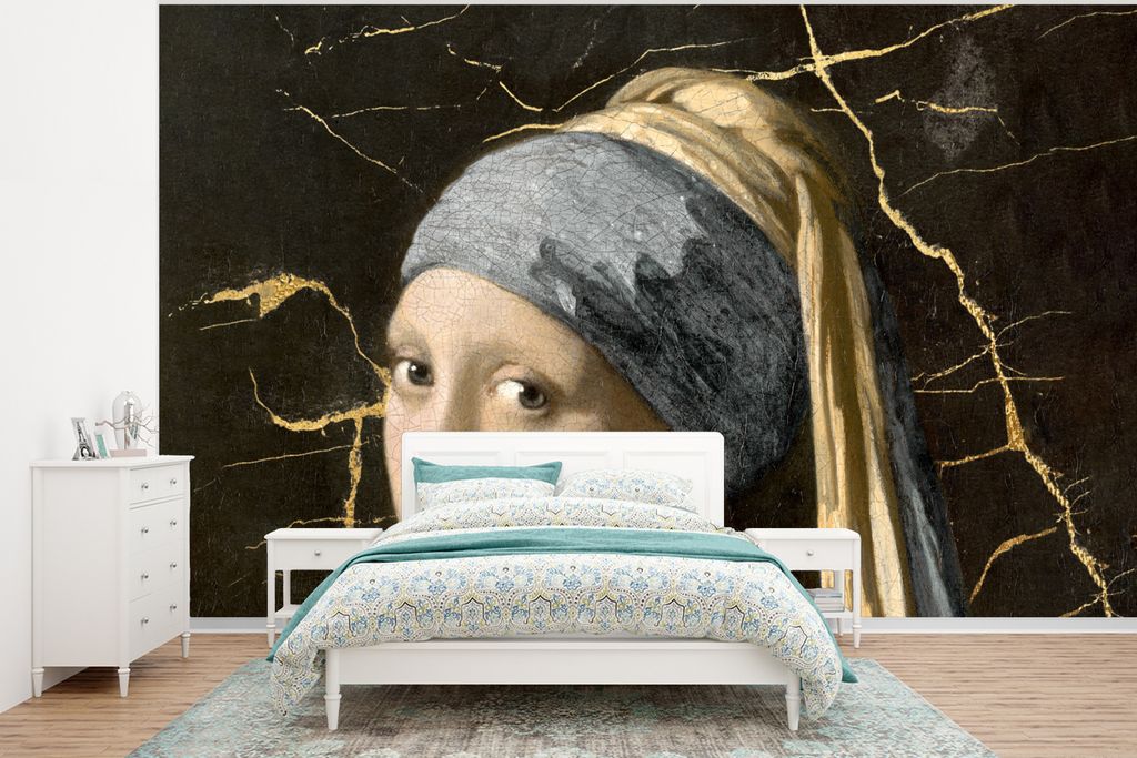 MuchoWow Fototapete für Wohnzimmer oder Schlafzimmer Wandtapete Vinyl Motivtapete Mädchen mit einem Perlenohrring - Gold - Marmor - 400x300 cm ...