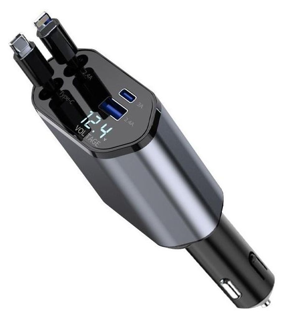 OKWISH KFZ-Adapter, 4-in-1 KFZ-Ladegerät Zigarettenanzünder, Aluminiumgehäuse, Type-C & Lightning Anschluss, Ausziehbar, 120W Schnellladegerät
