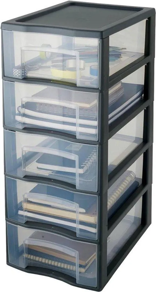 Étagère de rangement grise avec 5 tiroirs transparents format A4